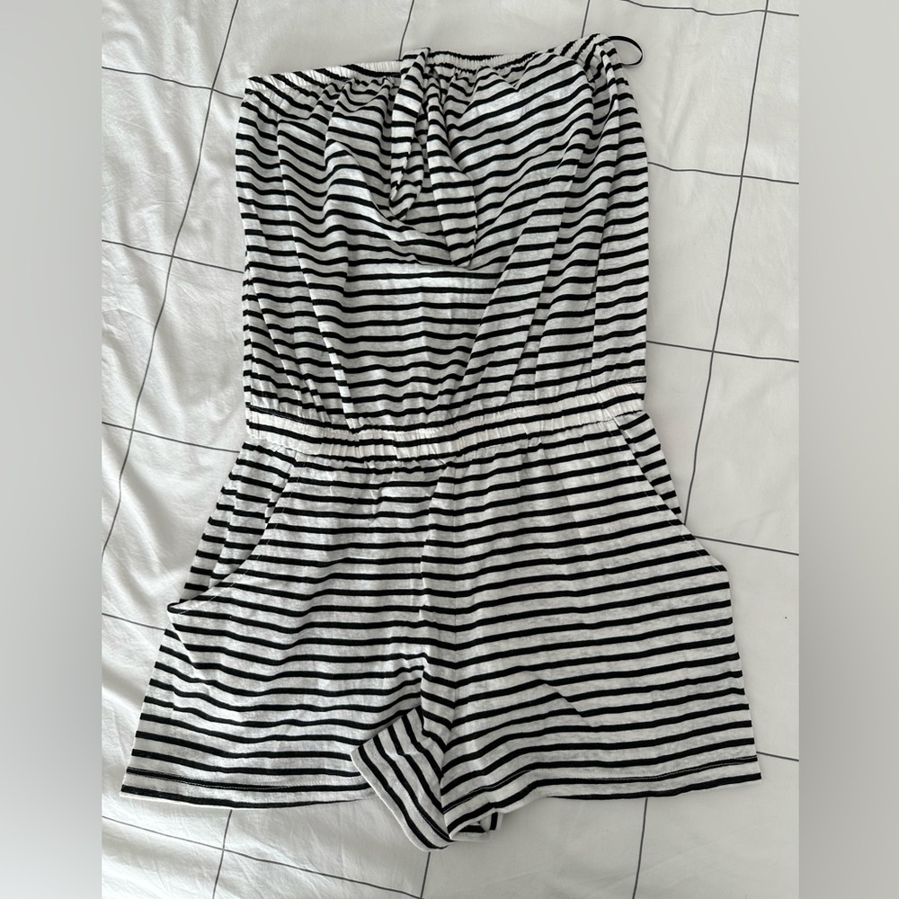 Express Black and White Striped Strapless Romper